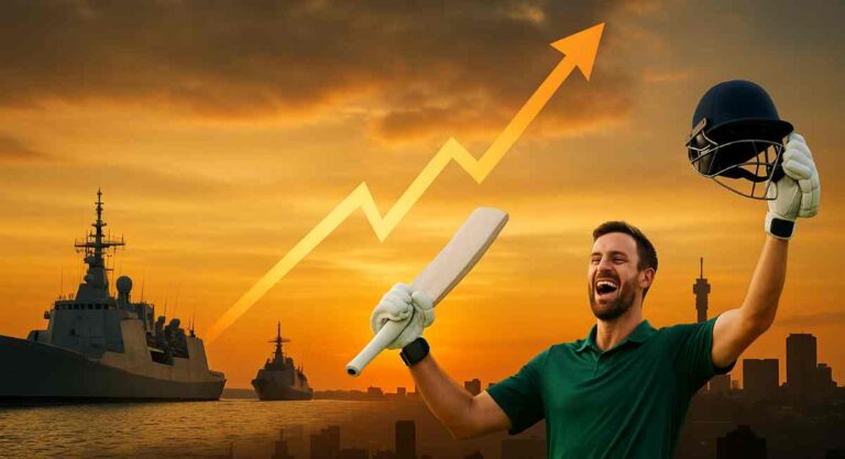 South Africa News Today: Composite image showing Johannesburg’s skyline at sunset with naval ships on the left, a rising financial graph in the centre, and a South African cricketer celebrating with bat and helmet raised on the right, symbolising South Africa’s top news stories today.